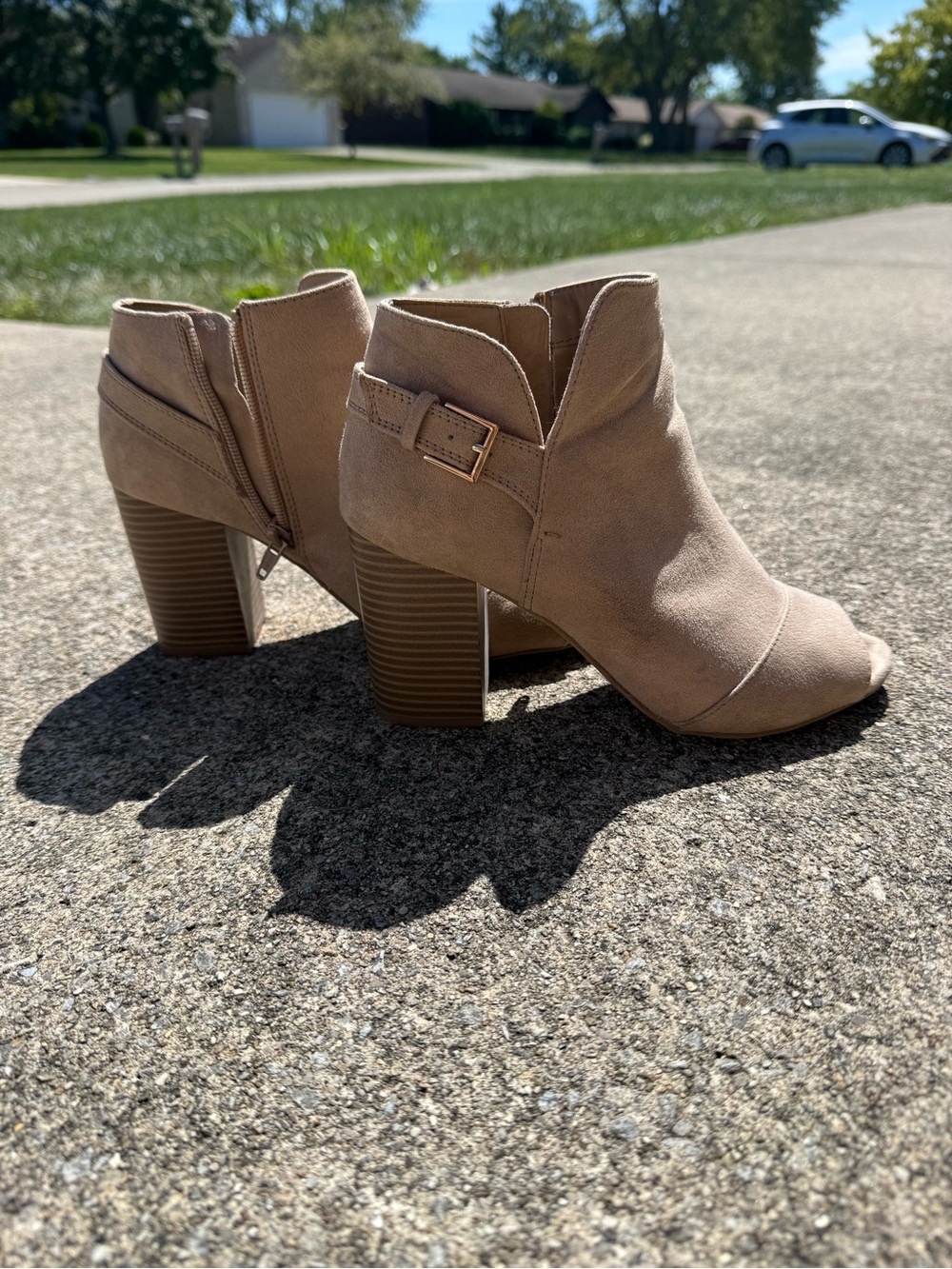 Women's Taupe Suede Peep-Toe Ankle Booties with Block Heel